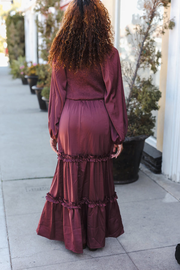 Holiday Vibes Wine Satin Front Overlap Smocked Back Maxi Dress - Coeur de la Mode