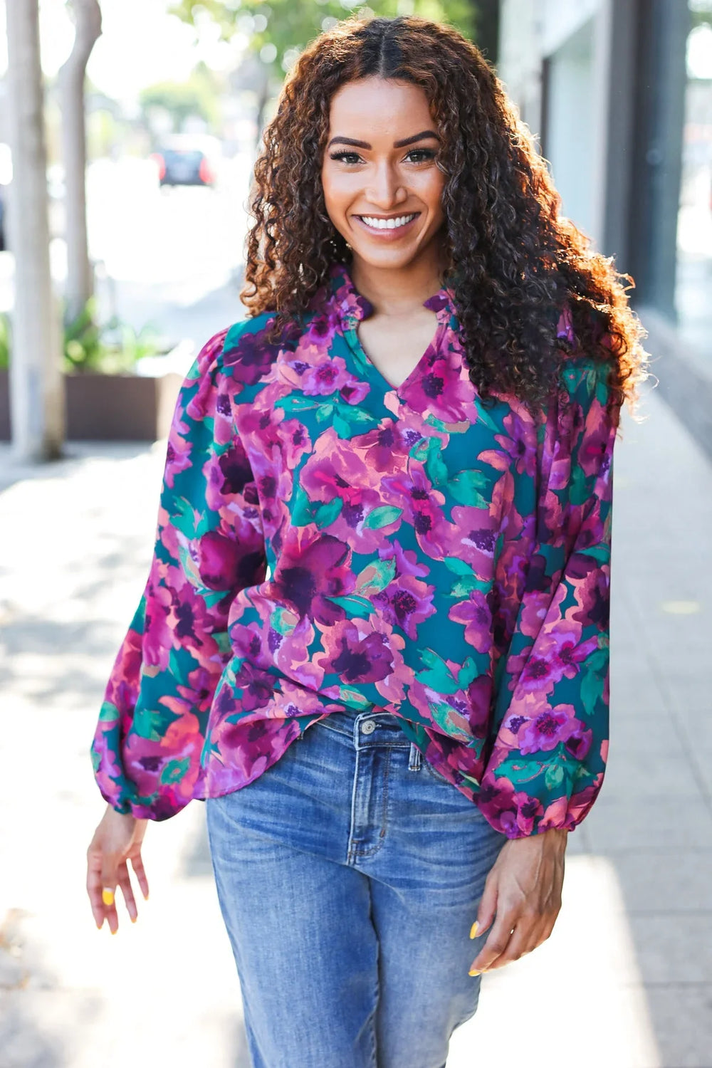 Beautiful You Hunter Green Watercolor Floral Print Notch Neck Top - Coeur de la Mode