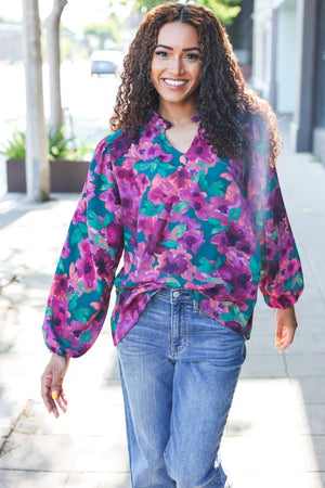 Beautiful You Hunter Green Watercolor Floral Print Notch Neck Top - Coeur de la Mode