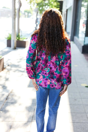 Beautiful You Hunter Green Watercolor Floral Print Notch Neck Top - Coeur de la Mode
