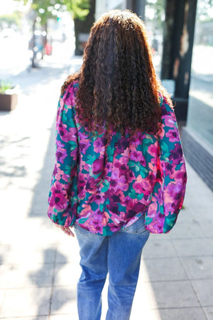 Beautiful You Hunter Green Watercolor Floral Print Notch Neck Top - Coeur de la Mode