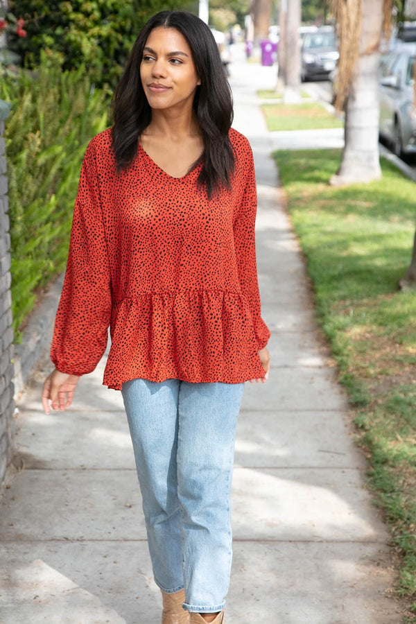 Rust Leopard Wool Dobby Woven Knit Top - Coeur de la Mode
