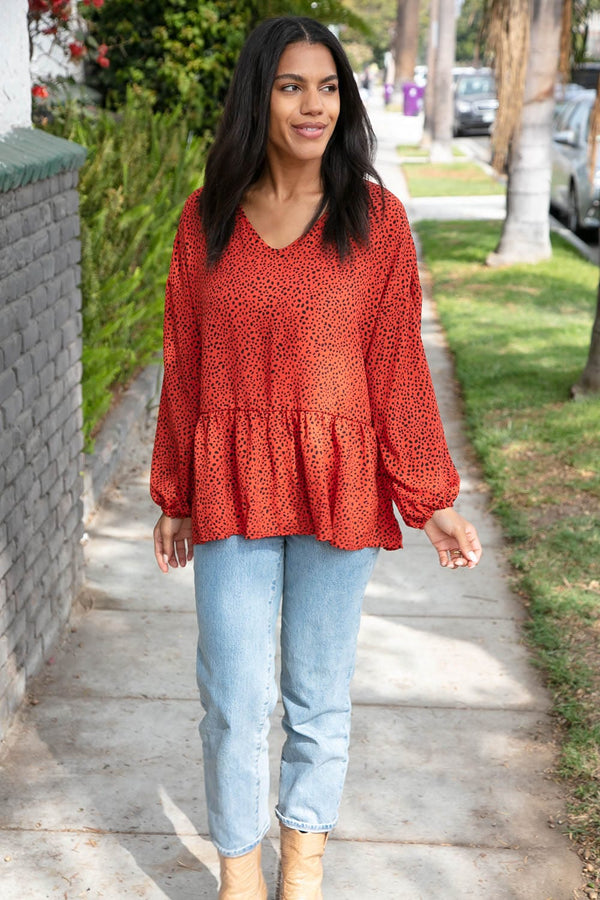 Rust Leopard Wool Dobby Woven Knit Top - Coeur de la Mode