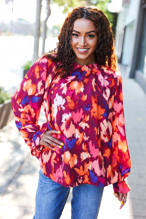 You Got This Wine Floral Print Print Frill Mock Neck Top - Coeur de la Mode