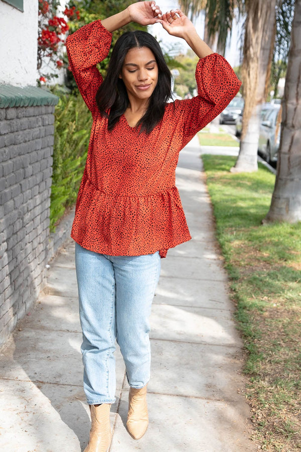 Rust Leopard Wool Dobby Woven Knit Top - Coeur de la Mode