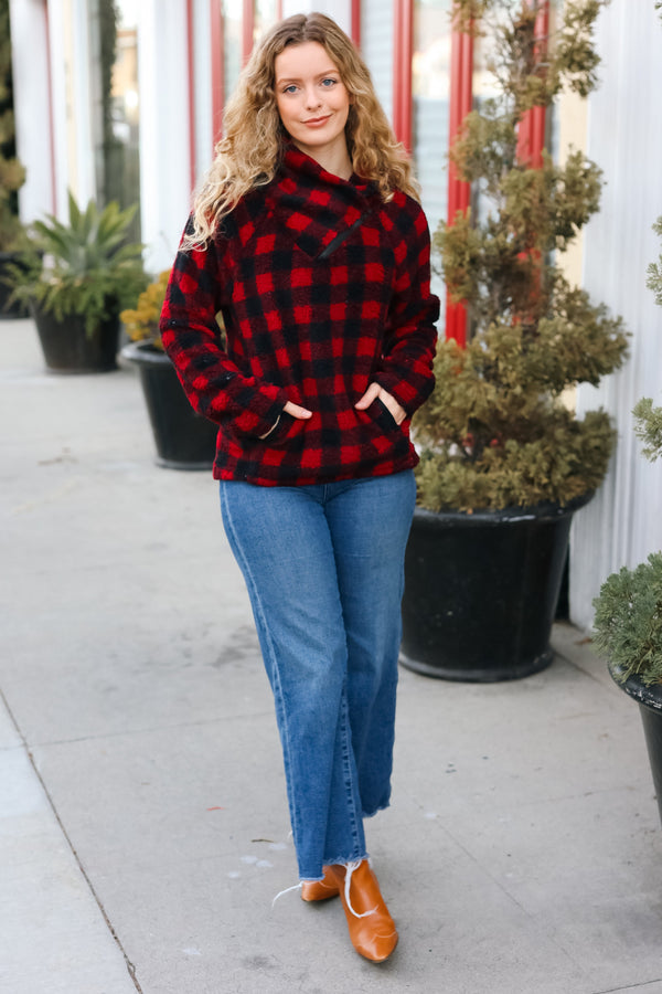 Cozy Red Sherpa Plaid Asymmetrical Zip Sweater Top - Coeur de la Mode