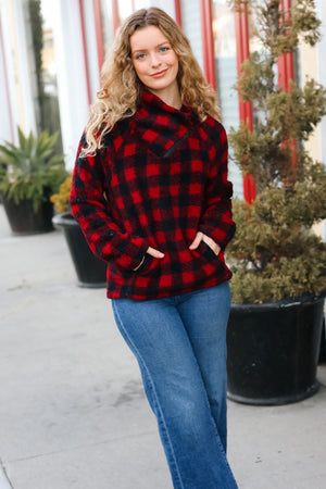 Cozy Red Sherpa Plaid Asymmetrical Zip Sweater Top - Coeur de la Mode