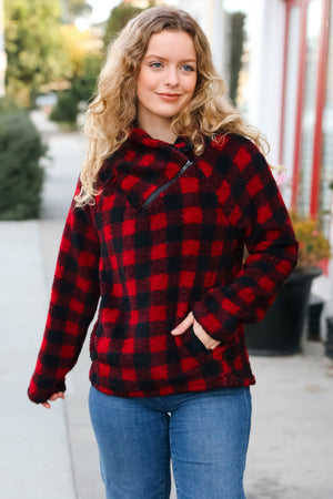Cozy Red Sherpa Plaid Asymmetrical Zip Sweater Top - Coeur de la Mode