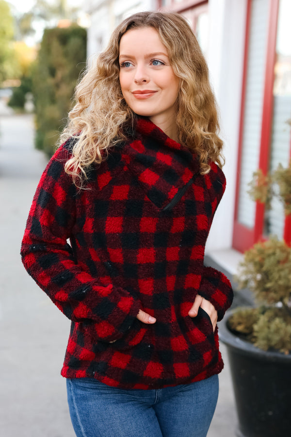Cozy Red Sherpa Plaid Asymmetrical Zip Sweater Top - Coeur de la Mode