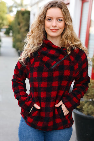 Cozy Red Sherpa Plaid Asymmetrical Zip Sweater Top - Coeur de la Mode