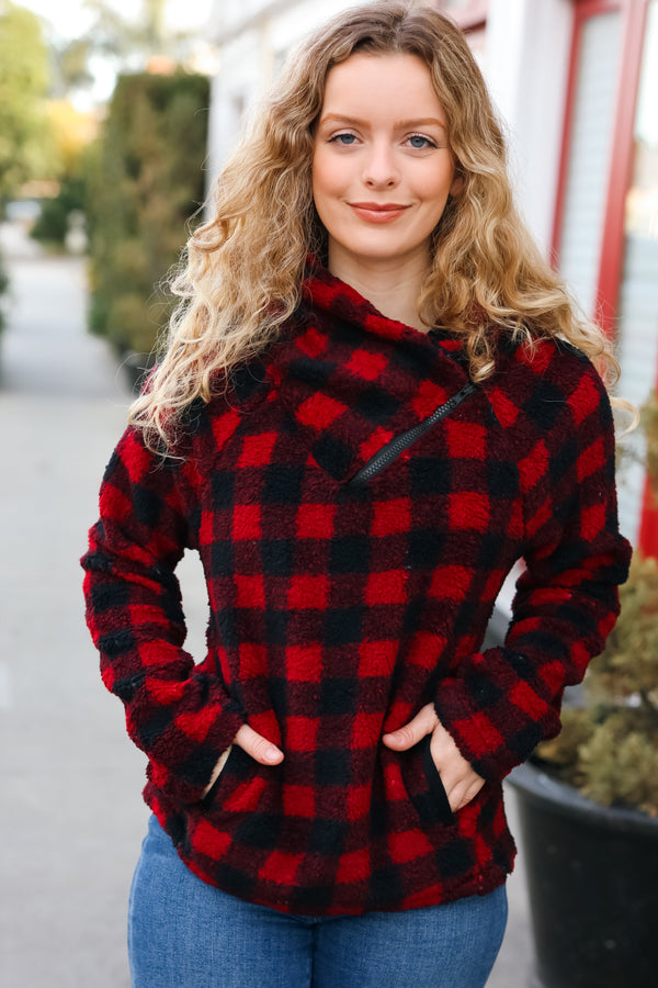 Cozy Red Sherpa Plaid Asymmetrical Zip Sweater Top - Coeur de la Mode