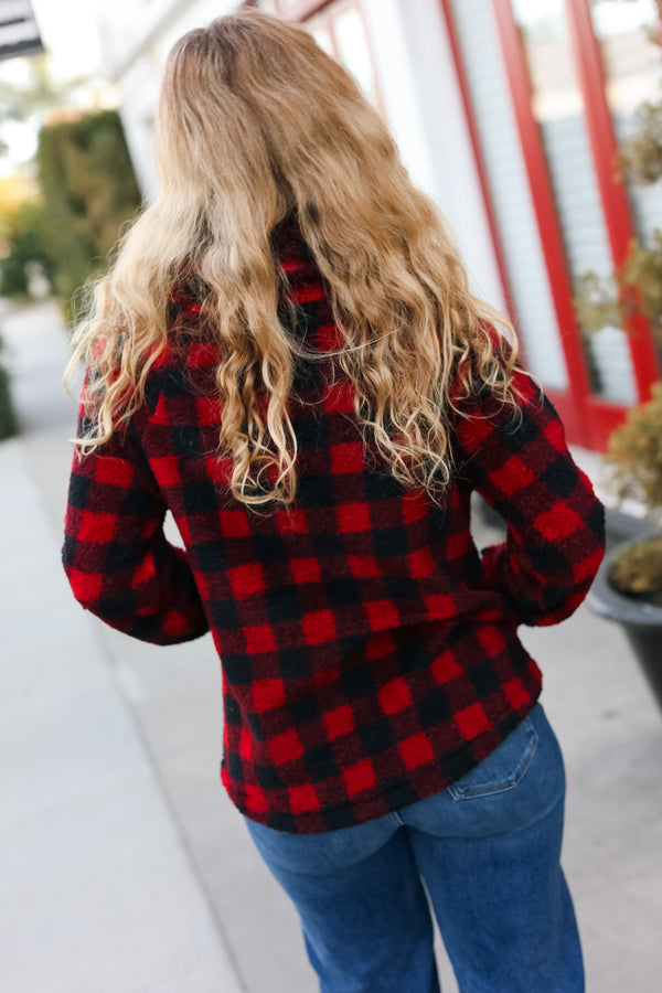 Cozy Red Sherpa Plaid Asymmetrical Zip Sweater Top - Coeur de la Mode