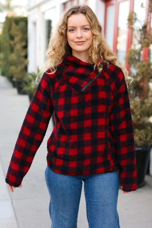 Cozy Red Sherpa Plaid Asymmetrical Zip Sweater Top - Coeur de la Mode