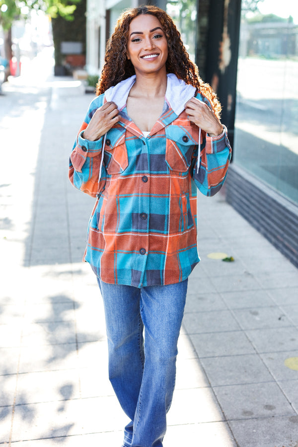 Stand Out Teal & Orange Plaid Fleece Hoodie Shacket - Coeur de la Mode