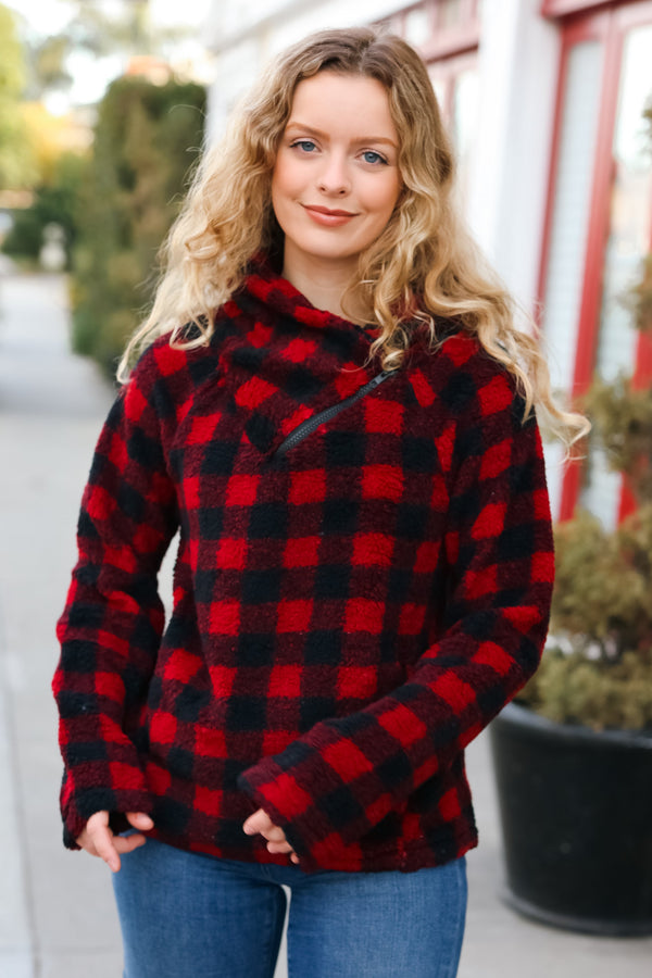 Cozy Red Sherpa Plaid Asymmetrical Zip Sweater Top - Coeur de la Mode