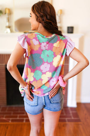 Feeling Playful Fuchsia Floral Textured Ruffle Sleeve Top - Coeur de la Mode
