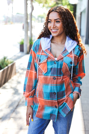 Stand Out Teal & Orange Plaid Fleece Hoodie Shacket - Coeur de la Mode