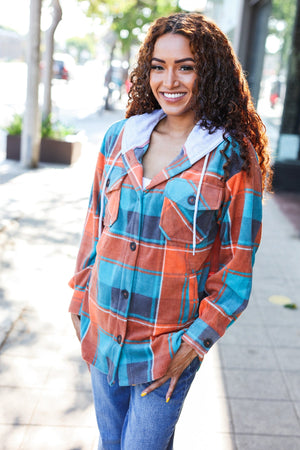 Stand Out Teal & Orange Plaid Fleece Hoodie Shacket - Coeur de la Mode