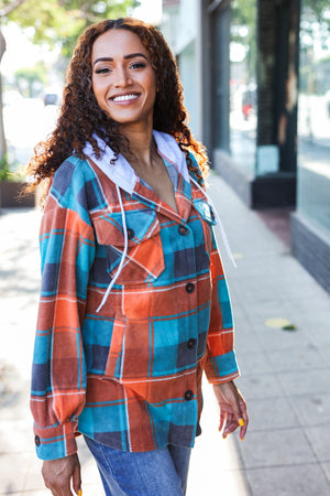 Stand Out Teal & Orange Plaid Fleece Hoodie Shacket - Coeur de la Mode