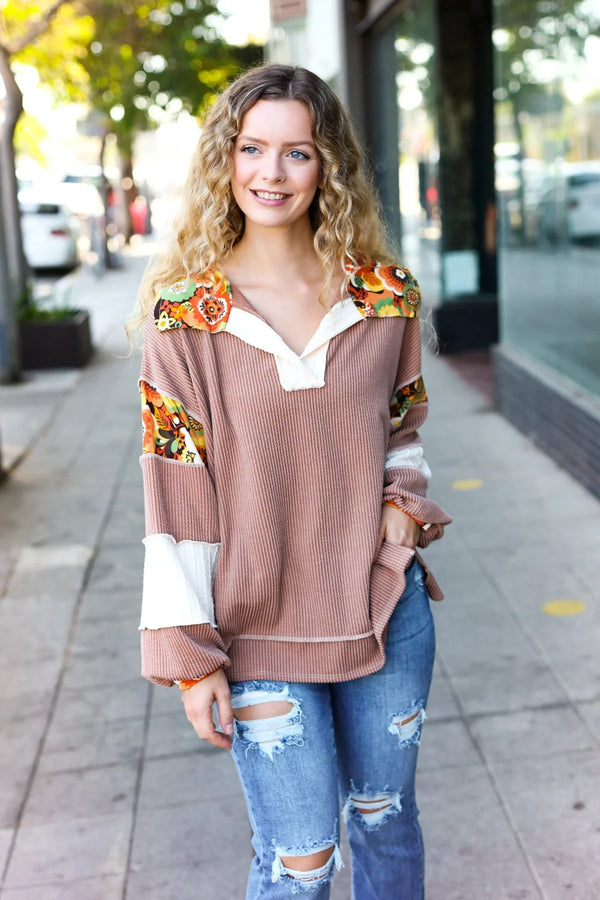 Charming Caramel Floral Print Colorblock Notch Neck Top - Coeur de la Mode