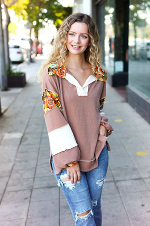 Charming Caramel Floral Print Colorblock Notch Neck Top - Coeur de la Mode