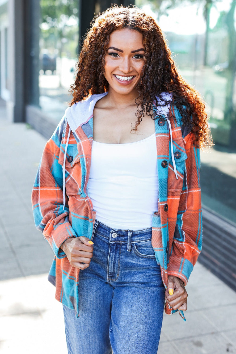 Stand Out Teal & Orange Plaid Fleece Hoodie Shacket - Coeur de la Mode