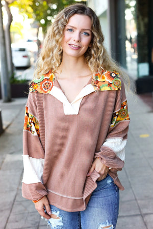 Charming Caramel Floral Print Colorblock Notch Neck Top - Coeur de la Mode