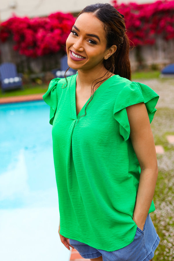 Sunny Days Kelly Green Banded V Neck Flutter Sleeve Top - Coeur de la Mode