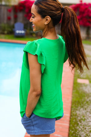 Sunny Days Kelly Green Banded V Neck Flutter Sleeve Top - Coeur de la Mode