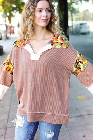 Charming Caramel Floral Print Colorblock Notch Neck Top - Coeur de la Mode
