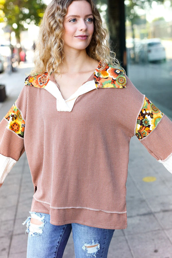 Charming Caramel Floral Print Colorblock Notch Neck Top - Coeur de la Mode
