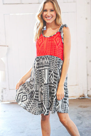 Red/Black Aztec Shoulder Tie Knot Tiered Dress - Coeur de la Mode