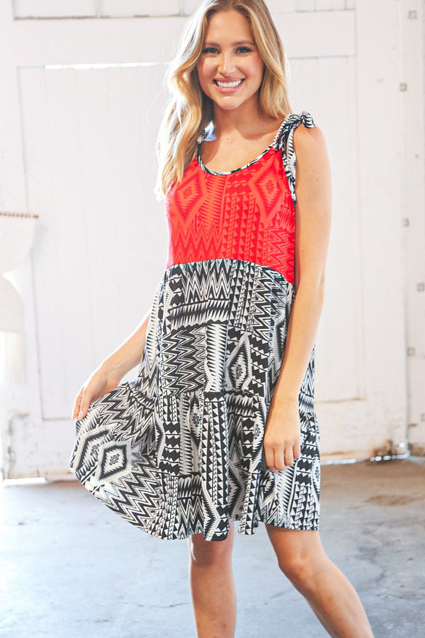 Red/Black Aztec Shoulder Tie Knot Tiered Dress - Coeur de la Mode