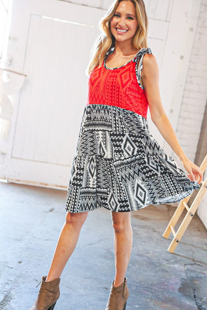 Red/Black Aztec Shoulder Tie Knot Tiered Dress - Coeur de la Mode