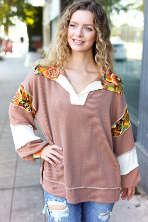 Charming Caramel Floral Print Colorblock Notch Neck Top - Coeur de la Mode