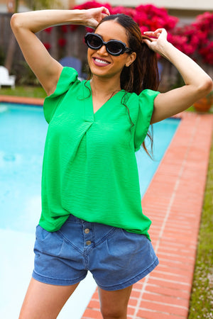Sunny Days Kelly Green Banded V Neck Flutter Sleeve Top - Coeur de la Mode