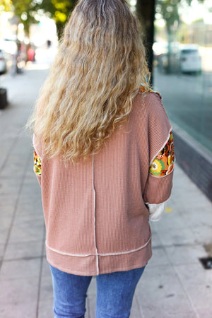 Charming Caramel Floral Print Colorblock Notch Neck Top - Coeur de la Mode