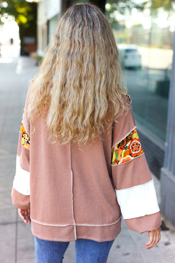 Charming Caramel Floral Print Colorblock Notch Neck Top - Coeur de la Mode