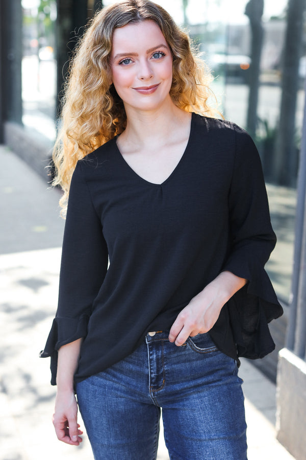 Falling In Love Black Hi-Lo Ruffle Sleeve Woven Top - Coeur de la Mode