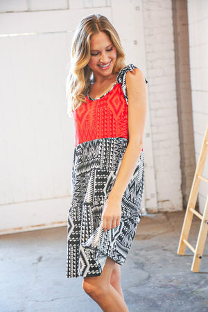 Red/Black Aztec Shoulder Tie Knot Tiered Dress - Coeur de la Mode