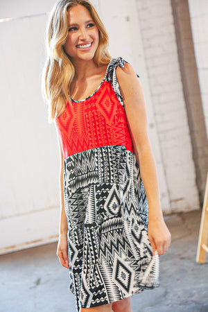 Red/Black Aztec Shoulder Tie Knot Tiered Dress - Coeur de la Mode