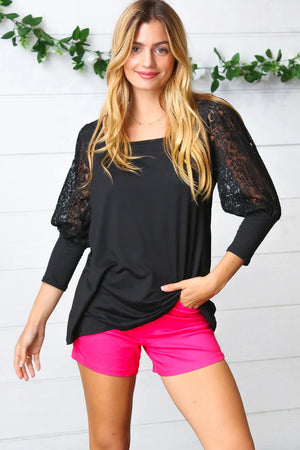 Black Lace Three Quarter Bubble Sleeve Top - Coeur de la Mode