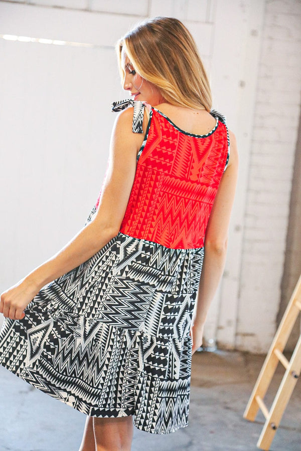 Red/Black Aztec Shoulder Tie Knot Tiered Dress - Coeur de la Mode