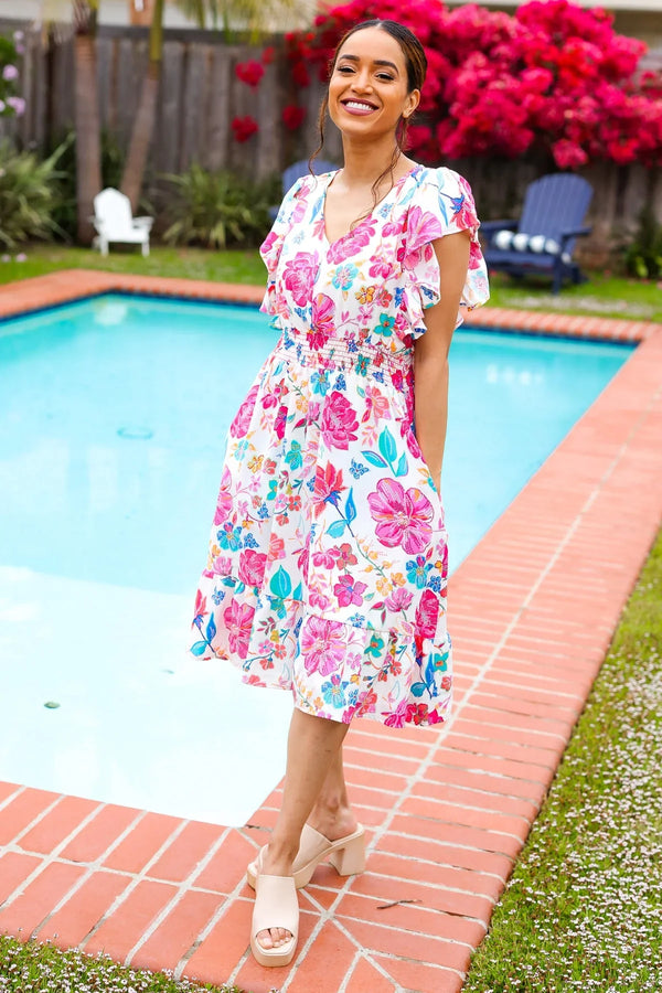 Hello Beautiful Ivory & Fuchsia Floral Sequin Smock Waist Midi Dress - Coeur de la Mode