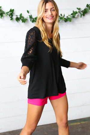 Black Lace Three Quarter Bubble Sleeve Top - Coeur de la Mode