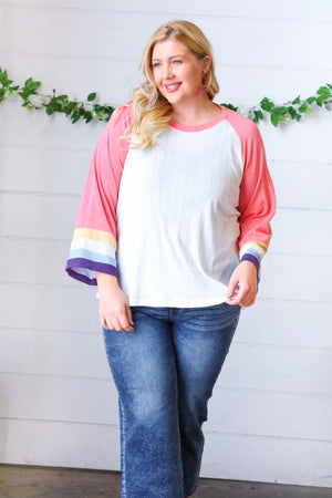 Pink Pointelle Color Block Wide Sleeve Pullover - Coeur de la Mode