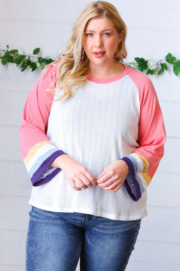 Pink Pointelle Color Block Wide Sleeve Pullover - Coeur de la Mode