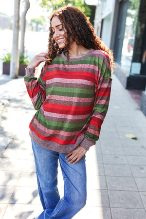 Perfectly You Olive & Mauve Stripe Two-Tone Banded Sweater Top - Coeur de la Mode