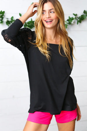 Black Lace Three Quarter Bubble Sleeve Top - Coeur de la Mode