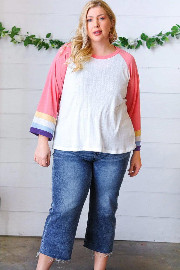 Pink Pointelle Color Block Wide Sleeve Pullover - Coeur de la Mode